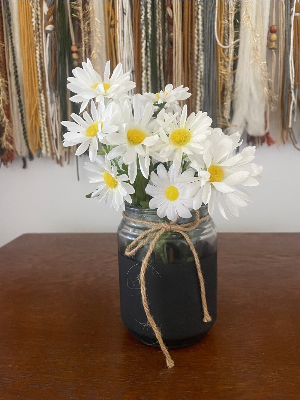 White Daisy Faux Floral Arrangement in Black Mason Jar